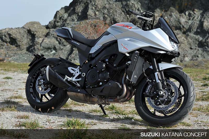 motocykl Suzuki Katana przy skałach