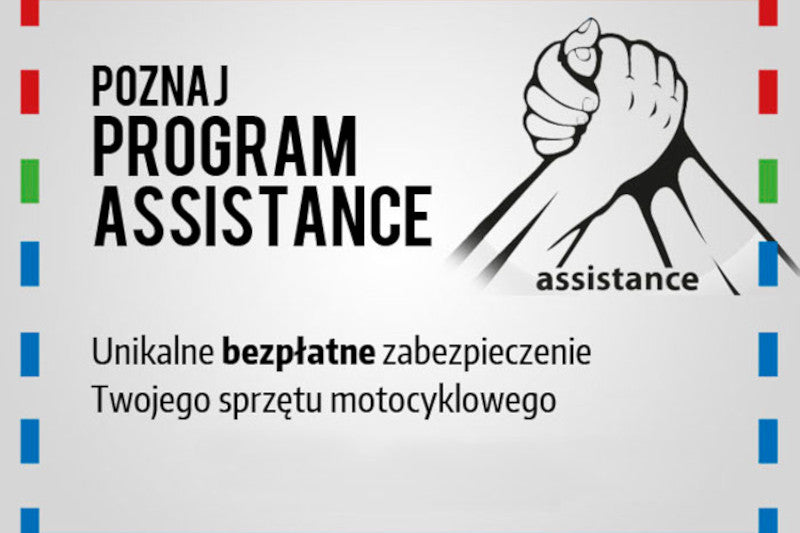 Plakat z informacją o programie Assitance w Dobrych Sklepach Motocyklowych