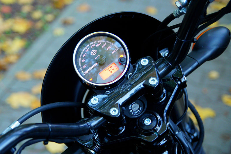 Licznik i kierownica motocykla, w tle chodnik i jesienne liście