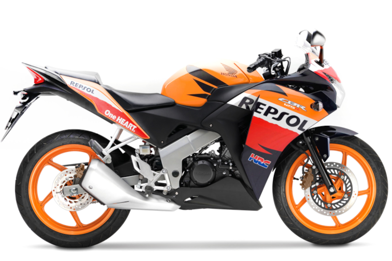 Motocykl Honda CBR125R prezentowany bokiem, motocykl sportowy w kolorze pomarańczowym na białym tle