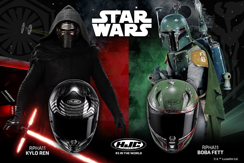 Plakat reklamowy nowego malowania kasku HJC RPHA 11 z motywem Star Wars: Kylo Ren i Boba Fett