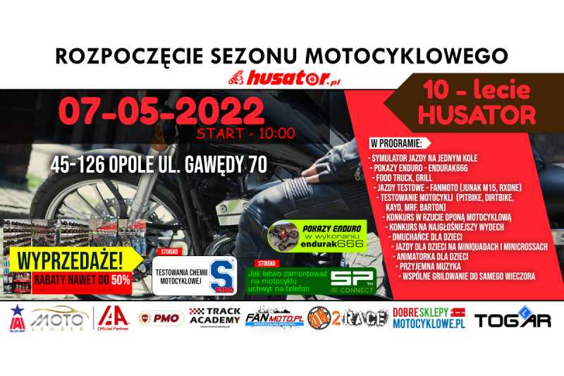 Plakat otwarcia sezonu motocyklowego Husator i 10-lecia sklepu z wymienionymi atrakcjami wyprzedażami i innymi