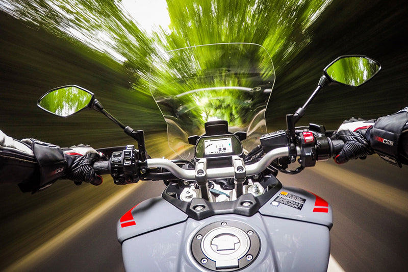 motocykl widziany z perspektywy kierowcy pędzi wśród drzew