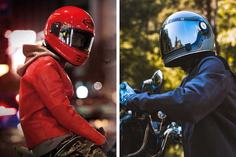 kolaż dwóch zdjęć motocyklistów, ujęcie na kaski
