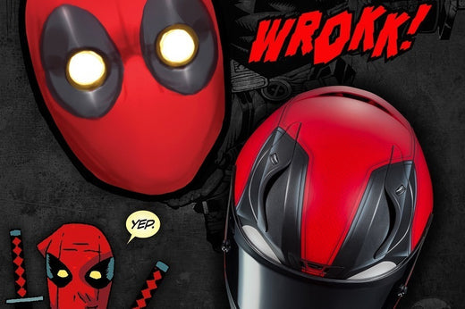 grafika prezentująca kask motocyklowy hjc rpha-11 w malowaniu deadpool