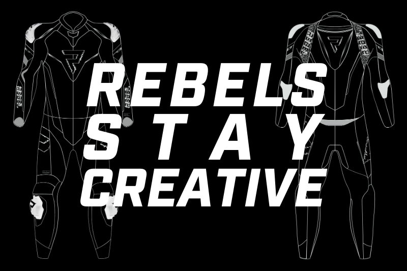 Białe logo Rebels Stay Creative na czarnym tle 
