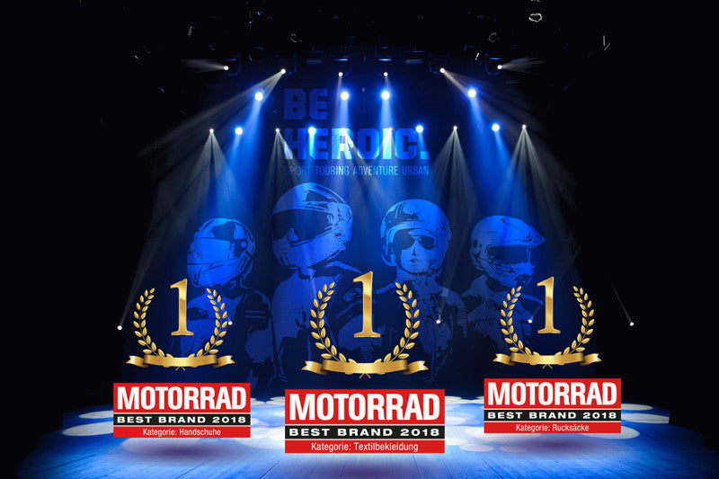 grafika obrazująca zdobycie pierwszego miejsca w plebiscycie Motorrad przez rękawice held, trzykrotnie